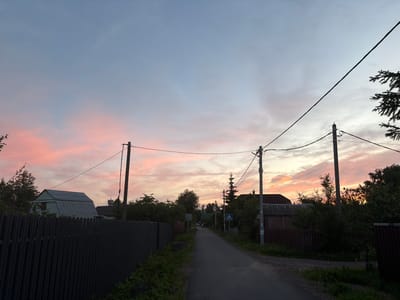 The image captures a twilight scene on a road in the village of Maloye Verevo, Russia. The sky is painted with soft hues of pink and blue, indicating the setting sun. A paved road leads into the distance, flanked by houses, fences, and dense green foliage. Electrical wires stretch across the sky, supported by utility poles. A triangular pedestrian crossing sign is visible on the right side of the road. The overall atmosphere is serene and rural.