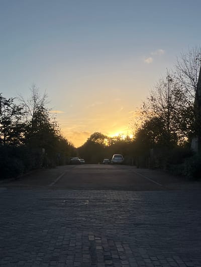 The image depicts an outdoor scene at either sunrise or sunset in Newton St. Loe, United Kingdom, viewed from ground level. The foreground consists of a dark, textured paved surface, likely cobblestones or brick pavers, extending from the bottom of the frame to approximately one-third up. A square metal utility cover is visible in the paved area, slightly to the left of the center.
Beyond the paved area, a darker asphalt or tarmac surface forms a vehicle maneuvering or parking area. Several vehicles are parked in the distance, partially obscured by the ambient light and distance. From left to right, a dark sedan is visible, followed by two smaller vehicles, and then a larger, lighter-colored SUV or van. No individuals are discernible.
The midground and background are dominated by dense, silhouetted trees and bushes on both the left and right sides, forming a natural corridor or border. Many trees exhibit bare branches, suggesting an autumn or winter season. The sky occupies the upper half of the image, transitioning from a light blue at the top to a prominent bright yellow and orange glow near the horizon, indicative of the sun's low position. Some wispy clouds are present, particularly in the lower portion of the sky, illuminated by the sun. The sun itself is partially obscured by the distant trees on the horizon, creating a bright central luminescence.