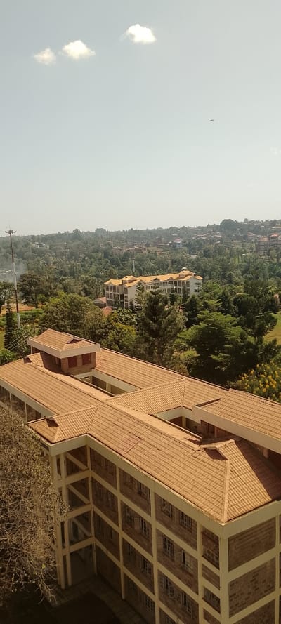 An elevated view displays a section of Karingani ward, Kenya, under a clear, pale blue sky. The sky features three small, scattered cumulus clouds in the upper left and a solitary, dark, elongated object in flight in the upper right.
In the foreground, the upper floors and roof of a substantial multi-story building occupy the lower portion of the image. This building's roof is extensively tiled in a reddish-brown color, presenting a complex, multi-gabled design. A smaller, elevated structure with brick walls and a similar tiled roof is situated centrally on one section of the main roof. The visible exterior walls of the foreground building are constructed from light-colored masonry blocks, systematically sectioned by contrasting lighter-toned horizontal and vertical bands, and contain numerous rectangular windows. A deciduous tree, sparse with visible branches, is positioned to the left of this building, partially obscuring its lower left side.
Beyond the foreground structure, the midground and background present a dense urban landscape characterized by extensive green tree cover. Various residential and commercial buildings are interspersed within and above this foliage. A prominent cream-colored building with multiple rounded, orange-tiled roofs is centrally visible in the midground, nestled among the trees. On the far left, a tall, slender pole with a cap-like structure at its apex extends above the treeline. The distant horizon reveals a continuous spread of buildings and trees, diminishing in clarity due to atmospheric haze. No individuals or direct interactions are visible.