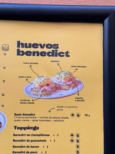 A framed, vertically oriented photograph captures a menu item titled "huevos benedict" (eggs benedict) in Oviedo, Spain. The menu, printed on yellow paper, features black text and graphics. The main title "huevos benedict" is prominently displayed in a bold, dark font. The price of the dish is listed as 10 euros.
An image of the eggs benedict dish itself is central to the menu display. It includes annotations pointing out the key ingredients: "huevo pochado" (poached egg), "cebollino" (chives), "queso crema" (cream cheese), "salsa holandesa" (hollandaise sauce), "tortita de patata rallada" (shredded potato cake), and "topping a elección" (topping of choice).
Below the description of the basic eggs benedict, the menu lists various "Toppings" with additional costs, including "Benedict de champiñones" (mushroom Benedict), "Benedict de guacamole," "Benedict de bacon," and "Benedict de pavo" (turkey Benedict), each with its corresponding price increase. Icons resembling plant life are present beside the prices. The menu is housed in a black frame.
