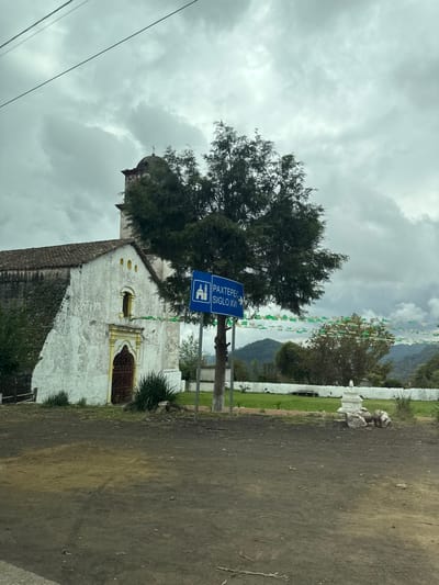 The image shows the Iglesia Paxtepec in Coacoatzintla, Mexico on an overcast day. A blue road sign with an arrow pointing to the right reads "Paxtepec Siglo XVI" (Paxtepec 16th Century) and displays a drawing of a church. A large, leafy tree partially obscures the view of the church, which is a light-colored building with a brown tiled roof. An ornate window and doorway are visible. Strings of green and white decorations are hung above the church. A small white wall is in the background, with green grass in front of it. Mountains are visible in the distance behind the decorations. A dirt road is in the foreground. Electrical wires run across the top left of the frame.