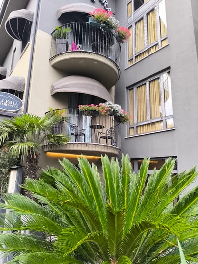 The image depicts the exterior of a building with a prominent balcony adorned with colorful flowers. Two balconies are visible, one above the other, both featuring black metal railings and a curved design. The upper balcony has a potted palm and some pink and white flowers, while the lower balcony has two chairs and a table, also with a planter of flowers.

Adjacent to the balconies, the building has a series of large windows covered with golden curtains. The architecture suggests a modern or contemporary style. In the foreground, the vibrant green fronds of a sago palm tree dominate the lower portion of the image, partially obscuring the building's lower levels. There is a sign on the left side of the building with text that appears to read "LLERIA RISTORANTE". The overall scene suggests a bright, possibly daytime setting, with the lush greenery and flowering plants giving a pleasant and inviting impression. The location cues, such as the architecture and the "Ristorante" sign, along with the provided context of Sirmione, Italy, point to a European setting.