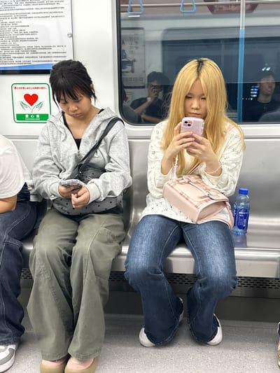 Two women are sitting on a train, seemingly in Tiaodeng, China. One woman has long blonde hair and wears a white top, blue jeans, and white shoes. She is holding a pink smartphone. She also has a pink purse and a bottle of water is nearby. The second woman has short dark hair and wears a grey hoodie, green pants, and tan shoes. She is also holding a smartphone and has a black purse. There is a courtesy seat sign nearby and a reflection in the train window. A third person is visible in the reflection of the train window.