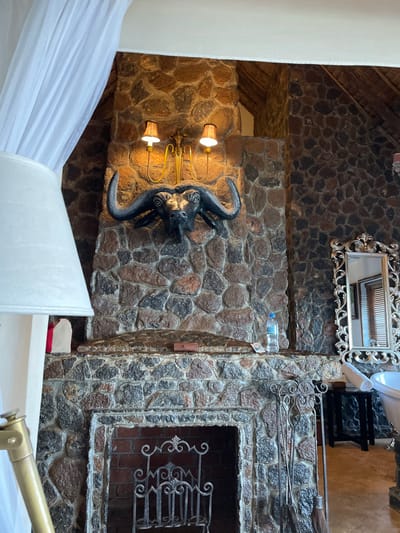 An interior view reveals a rustic yet ornate room featuring extensive stonework walls. The image, rotated, shows a textured ceiling, possibly thatched, at the top.
Prominently featured is a large stone fireplace or mantel structure on the right, with a dark, decorative wrought iron grate or fire screen within its opening. Above the fireplace, an elaborate wrought iron railing or divider is visible, and on a higher level, a white porcelain object, possibly a sink, along with a rolled white towel, can be seen.
To the left of the fireplace, a substantial stone wall is adorned with several decorative elements. A large, rectangular mirror with an intricately carved or gilded frame hangs on this wall, reflecting the ceiling and other parts of the room. Below the mirror, a plastic water bottle rests on a stone ledge.
Further left, a wall-mounted sconce with two light fixtures, each topped with a small, patterned lampshade, illuminates the wall. Centered between these lights is a dark, stylized sculpture of an animal head, resembling a ram or goat with prominent horns, adding a unique, perhaps African, aesthetic to the decor. A small wooden panel or box is affixed to the wall near the sconce.
In the foreground on the left, a sheer white fabric or curtain drapes softly. On the bottom right, part of a white lampshade and a brass-colored lamp base are visible. The overall setting suggests a cozy, possibly luxurious, lodge-style accommodation. No people are present, and there is no discernible legible text, apart from an unreadable label on the water bottle. The scene depicts a static interior in Mto Wa Mbu, Tanzania, likely during the daytime or with ample interior lighting.