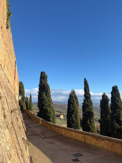 The image captures a serene, panoramic view from an elevated position in what appears to be Pienza, Italy, looking out over the picturesque Tuscan countryside.

In the foreground, a textured, light-brown stone wall or rampart slopes upwards from the bottom left, showing visible mortar lines and some sparse vegetation. Adjacent to this, running horizontally across the mid-ground, is a sturdy, lighter-colored stone parapet or railing, marking the edge of the elevated viewpoint.

Beyond this parapet, a distinctive row of tall, slender, dark green cypress trees stands prominently, characteristic of the Tuscan landscape. These trees create a natural divider between the foreground architecture and the expansive vista. Further into the mid-ground and background, rolling green hills undulate under a bright sky. The hills are a mix of light green fields and darker patches of vegetation. A small, light-yellow building, possibly a farmhouse or villa, is visible nestled among the trees and hills in the distant landscape.

The sky, occupying a significant portion of the frame, is a vibrant, clear blue, with a few wispy white clouds scattered near the horizon, suggesting a sunny and pleasant day, likely morning or afternoon. There are no people visible, and no specific activity is taking place, lending the scene a tranquil and timeless quality. Several dark square plaques are embedded into the inner wall of the parapet, but any text on them is illegible due to the distance and resolution. The overall impression is one of classic Italian rural beauty and peaceful grandeur.