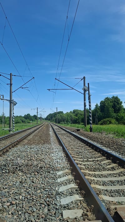 The image depicts a railway track in the city of Dzyarzhynsk, Belarus, on a clear day with a bright blue sky. Two sets of parallel railway tracks run through the center of the frame, converging in the distance. The tracks are laid on a bed of crushed stone ballast. Overhead, catenary wires are suspended from poles, indicating an electrified railway line. The poles are tall, with alternating black and white stripes on some, and are equipped with insulators and supporting structures for the wires.
To the left and right of the tracks, lush green grass and vegetation are visible, with a dense line of trees forming a natural border in the background. The trees are full of leaves, suggesting it is either spring or summer. The scene appears to be rural or semi-rural, outside of a densely populated urban area. There are no people or vehicles visible in the image. The overall impression is one of a functional railway infrastructure set against a natural, verdant landscape under a clear sky.