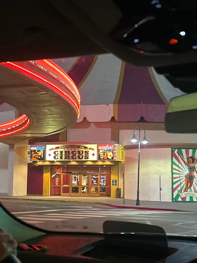 The image depicts the exterior of the Circus Circus Hotel and Casino in Reno, Nevada, United States of America, viewed from inside a vehicle at night or dusk. The foreground shows the vehicle's dashboard and windshield bottom edge, with reflections in an overhead panel. The street level features a marked crosswalk, a red curb, and a black streetlamp with two illuminated globes. No individuals are visible on the street. The main subject is the Circus Circus building entrance, illuminated by a "Welcome to CIRCUS CIRCUS" sign with red stars and smaller adjacent signs displaying "DISCOVER food!" and "DISCOVER fun!". Above the entrance, a curving structure with red neon lights and white bulbs is visible. The upper portion of the building exhibits a circus tent-like pattern with purple, white, and yellow/gold stripes. To the right of the entrance, a large mural depicts a woman in a blue costume against a green, white, and pink radial background.