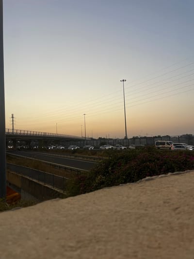 The image depicts an outdoor twilight scene in Kefar Sava, Israel, featuring a multi-level highway infrastructure. In the foreground, a textured beige concrete barrier or wall occupies the lower right, partially obscuring dense green foliage with scattered small purple flowers. Below this, a multi-lane highway runs horizontally across the frame, with concrete barriers separating lanes and a metal guardrail present.

On the lower highway, a line of approximately ten to fifteen vehicles, primarily passenger cars and at least one white van, are visible with their headlights illuminated, indicating low light conditions and traffic. Above this highway, an elevated concrete overpass extends horizontally, with its structural underside visible. Additional, less distinct vehicles are present on the overpass.

The background features multiple tall, dark streetlights positioned along the highway. Several horizontal power lines traverse the upper sky. To the far left, a metallic lattice-style pylon is partially visible behind the overpass. A long, grey sound barrier wall parallels the highway in the mid-background, with a distant treeline and faint outlines of structures or cranes visible above it. The sky displays a gradient, transitioning from pale blue at the top to a soft orange-yellow near the horizon, consistent with dusk or dawn. No individuals are distinctly visible.