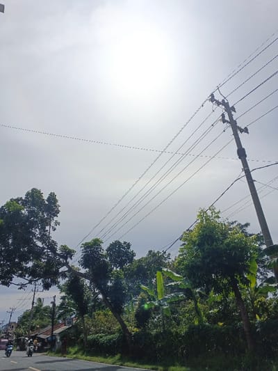 The image presents a bright, hazy daytime scene along a road in Carcar, Philippines. The upper portion of the frame is dominated by a brilliant white and light gray sky, indicating a strong, high sun. A faint atmospheric optical phenomenon, possibly a halo or circumhorizontal arc, appears as a subtle, barely discernible curve across the sky.
A prominent utility pole, laden with numerous power lines, extends diagonally from the upper right corner towards the center. Multiple power lines crisscross the sky, adding a linear element to the vast expanse. Below the sky, the landscape is rich with lush, green tropical vegetation. Various trees with dense foliage, including recognizable banana plants, line the side of the road, creating a verdant border.
On the paved road visible on the far left, a few individuals are seen riding motorcycles or scooters, suggesting daily transit. Further in the background on the left, partially obscured by the trees, are several modest buildings, likely houses or small shops, one featuring a reddish-brown roof.
The time of day is clearly midday, characterized by the intense brightness and the sun's high position. The weather is sunny but appears hazy, contributing to the diffused light and the faint atmospheric phenomenon. The tropical flora and typical roadside activity are consistent with the Carcar, Philippines location. No specific emotions are discernible, and any text on distant signs is illegible due to the distance and resolution.
