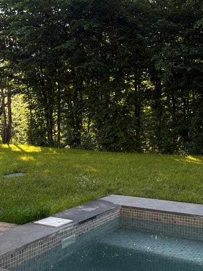The image depicts a residential backyard with a swimming pool in the foreground and a lush green lawn leading to a dense treeline in the background. The swimming pool features a tiled interior and a stone coping. A square tile or lid rests on the coping near the edge of the pool. The lawn is well-maintained, with some scattered white flowers. Sunlight filters through the trees, casting dappled shadows on the grass. The scene suggests a tranquil outdoor setting, likely a private residence, possibly in a location like Bakovići, Montenegro, given the verdant, hilly terrain implied by the dense foliage and open green space. There are no people or animals visible in the image, and no actions or interactions are taking place.