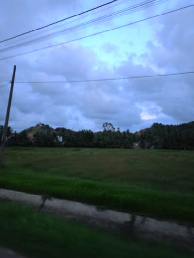 The image shows a landscape in Blangrheuem, Indonesia, under an overcast sky. A grassy field stretches towards a line of trees and vegetation in the midground. A utility pole is visible on the left side of the frame. In the foreground, there appears to be a paved or concrete surface. Overhead power lines are visible against the cloudy sky. The overall lighting suggests it's either early morning or late afternoon.