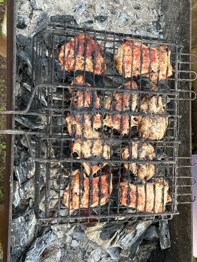 The image shows pieces of meat grilling on a metal grate over hot coals. The grate is filled with several pieces of meat, some of which are browned and seared, indicating they are cooking. The coals underneath are dark and appear to be hot, with some glowing embers visible. The scene is outdoors, with a hint of greenery in the background, suggesting a casual outdoor cooking setting. There are no people or other animals visible in the image. The location is specified as Азинский, Russia.