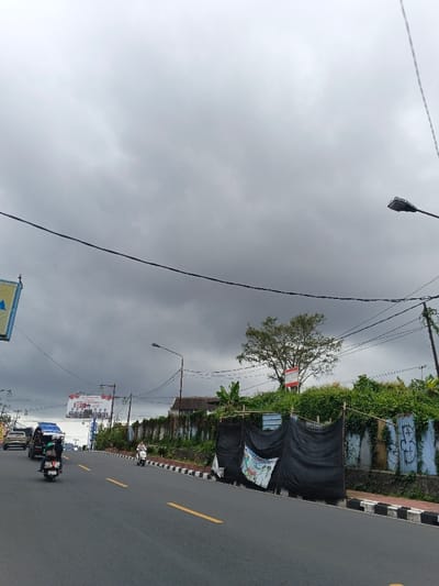 The image depicts a street scene in Palayan, Philippines, under an overcast sky with heavy gray clouds. A two-lane asphalt road with a double yellow solid line and a single yellow dashed line in the center, and a white solid line on the far left, curves slightly to the right. A black and white striped curb borders the right side of the road.
On the road, several vehicles are observed moving away from the viewer. From left to right: a partial view of a white sedan, a dark blue motorized tricycle with a passenger cabin, and a person on a dark scooter/motorcycle. Further down the road, a person on a white scooter/motorcycle is also visible.
To the right of the road, an elevated area features a blue-painted concrete wall, heavily marked with light blue graffiti. Dense green vegetation, including bushes and vines, covers the top and behind this wall. A large tree with full green foliage stands prominently above the vegetation. Partially obscured by the tree and foliage is a rectangular red and white sign. In the foreground along the right side, a temporary structure made of black mesh fabric, supported by wooden poles, is erected, largely obscuring the lower portion of the wall. A white banner displaying text and images is attached to this black mesh.
Numerous black electrical and communication wires crisscross the sky, connected to multiple utility poles visible along both sides of the road. A streetlight extends from a pole on the far right. Another streetlight is positioned further down the road on the right, and another on the far left. A large commercial sign, yellow and blue, is partially visible on the upper left. In the mid-ground on the left, a large red billboard with white text and images, depicting a group of people, is mounted above the road.