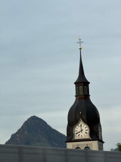 An outdoor, vertical photograph (when viewed upright) captures the ornate spire of a church against an overcast sky and a forested mountain. The dominant subject is the tall, dark-colored church spire, which features a distinctive, bulbous base tapering dramatically to a slender, pointed peak.
Approximately midway up the spire, a prominent circular clock face is visible. It has a white background with clear black Roman numerals. The hands of the clock indicate the time is roughly 5:50, with the hour hand just past the V and the minute hand pointing towards the X. Below the clock face, several vertically slatted openings, possibly for a belfry or ventilation, are present.
At the very apex of the spire, a delicate, gilded finial or weather vane, intricately shaped with cross-like elements, adds a decorative touch. The sky is a uniform, light grey, suggesting an overcast day. In the background, a dark green, tree-covered mountain slopes upwards. To the far right, a sliver of a light-colored building with vertical lines, possibly a modern facade or railing, is partially seen. The scene is devoid of people or discernible activity, presenting a serene architectural and natural landscape in Buochs, Switzerland.