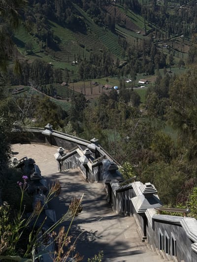 The image captures a high-angle view of a terraced landscape in Cemorolawang, Indonesia. In the foreground, a modern concrete stairway with metal railings descends, adorned with stacked grey tiles that create a geometric pattern. Small purple flowers bloom among the greenery and dry grasses near the bottom right. The middle ground features a lush, green terraced hillside, likely agricultural land, interspersed with dark trees. Several small structures, possibly houses or farm buildings with red or white roofs, are scattered across the terraces. The overall scene suggests a rural setting with evidence of human cultivation. The lighting indicates it is daytime, with clear sunlight casting shadows, particularly on the stairway. The composition emphasizes the contrast between the man-made structures and the natural environment.