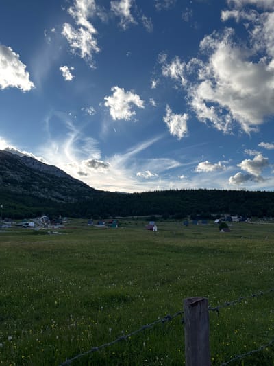 The image depicts a rural landscape in Virak, Montenegro, characterized by a vast expanse of green meadow dotted with small yellow wildflowers. In the mid-ground, a collection of modest buildings, likely houses and outbuildings, are scattered across the terrain. A dense, dark green forest forms a natural backdrop, with a steep, rocky mountain rising behind it on the left side of the frame. The sky is a vibrant blue, streaked with wispy white clouds, some of which are illuminated by the sun. A barbed wire fence with a wooden post runs across the foreground, partially obscuring the meadow. The lighting suggests it is either early morning or late afternoon, with soft sunlight casting long shadows. No people are visible in the scene.