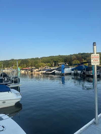The image depicts a marina on a clear day with a bright blue sky. Several boats are docked on the water, with a focus on a row of moored vessels in the middle ground. The foreground shows a portion of a dock with a white boat and a metal railing. A sign on a pole reads, "YOU CAN'T BUY HAPPINESS BUT YOU CAN BUY A BOAT AND THAT'S KIND OF THE SAME THING." The background features a tree-lined shore with a few buildings visible amongst the foliage. The water is calm with gentle ripples reflecting the sky and the boats. The overall scene suggests a recreational area, likely a lake or river. Based on visual cues and the explicit mention of Algonquin, the location is a marina in Algonquin, United States of America. There are no people visible in the image.