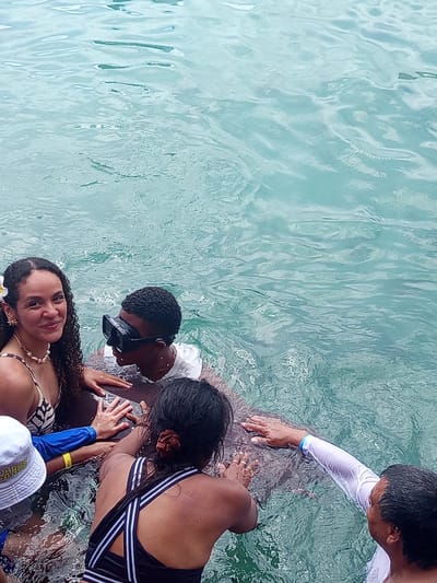 In the waters of an unidentified location in Colombia, a group of people are interacting with a stingray. A woman with curly dark hair and a flower in her hair smiles at the camera. Beside her, a person wearing a snorkel and mask looks down. Several hands are visible, touching the stingray. A person in a white long-sleeved shirt reaches out to the stingray. The water is clear and turquoise, with visible ripples.