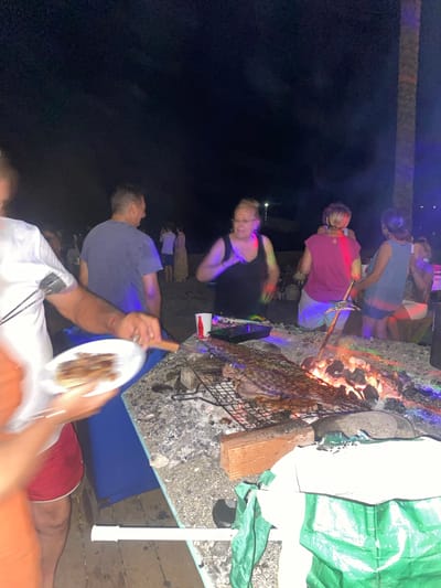 An outdoor nighttime barbecue is taking place on a beach, possibly in Marbella, Spain. A group of people are gathered around a fire pit where meat is being grilled. In the foreground, a person is holding a plate of cooked food. In the background, a palm tree is visible, illuminated by colored lights. The scene suggests a casual social gathering with food and entertainment.