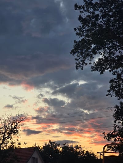 The image captures a dramatic sky at sunset or sunrise, with the sun low on the horizon. The sky is filled with clouds, some dark and ominous on the left side, and others illuminated with vibrant shades of orange, pink, and yellow on the right, suggesting the golden hour. Silhouetted against this colorful sky are trees with intricate branches and foliage in the foreground and background, as well as electrical wires running horizontally across the scene. On the far right, a portion of a building with a red tiled roof and a window is visible, along with what appears to be a yellow pole or structure. The overall mood is one of natural beauty and transition, possibly evoking a sense of peace or melancholy due to the twilight setting. The image is oriented vertically, with the sky occupying the majority of the frame. The location is identified as Nova Kakhovka, Ukraine. No people or visible text are present in the image.