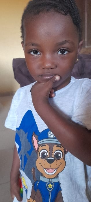 The scene depicts a young child, appearing to be of African descent, positioned centrally in a portrait-style photograph taken indoors in Ashipa, Nigeria. The child has dark skin, dark eyes, and dark hair styled in multiple cornrows. They are wearing a light grey, short-sleeved t-shirt featuring a prominent graphic of the cartoon character "Chase" from Paw Patrol, depicted in a blue police uniform and hat. The child's right hand is raised, with the index finger resting against their chin. The child's gaze is directed forward, engaging the viewer directly. The background is out of focus, showing a light tan or cream-colored wall segment on the left and a dark brown, possibly upholstered, object on the right.