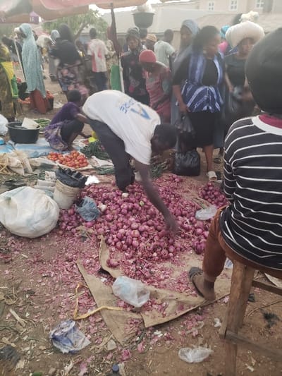 An outdoor market scene is bustling with activity. A large pile of red onions dominates the foreground, spread on a tarp. People surround the onions, some sorting or selling them. One person in a white shirt reaches towards the pile. Other vendors sell tomatoes and various goods nearby. Shoppers are visible in the background. The setting suggests a lively and potentially crowded local market.