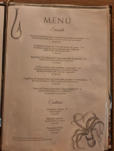 The image shows a menu from a restaurant in Pesaro, Italy. The menu is presented in a booklet format, with a decorative border and illustrations. The text is in Italian and English, with prices listed in Euros. The menu features a selection of seafood dishes, as well as other main courses and side dishes. There are also notes at the bottom of the menu indicating that some products may be frozen and that availability may vary. The overall aesthetic is classic and elegant, with a focus on traditional Italian cuisine.