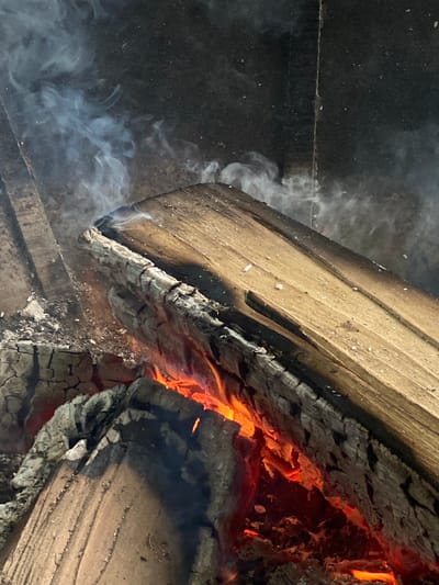 This media file is a close-up shot of logs burning in a fire. The scene is set in Pargolovo, Russia, and depicts a natural, outdoor environment. The primary subjects are several wooden logs, some of which are actively burning with glowing embers and orange flames visible. The fire is producing white smoke that drifts across the scene, particularly on the left side of the image. The wood appears dry and cracked, characteristic of burning fuel. The background is dark and textured, suggesting a fire pit or similar structure. There is no visible text in the image. The time of day and weather conditions are not explicitly indicated, but the presence of smoke and fire suggests an active burning event. The overall impression is one of heat and a natural process of combustion.