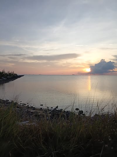 The image captures a sunset over the ocean in Baan Wok Tum, Thailand. The sun is partially obscured by clouds, casting a golden reflection on the water's surface. A shoreline with vegetation, including grass and other plants, is visible in the foreground. The sky shows a gradient from gray clouds to orange hues closer to the sun. Remnants of debris are scattered along the shoreline. The photograph is oriented vertically.