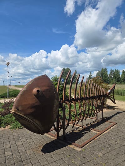 This media file captures a large, rusty metal sculpture of a fish skeleton, posed outdoors. The sculpture is positioned on a paved walkway made of gray interlocking bricks. The fish skeleton is the primary object, with its ribs extending outwards and a large, rounded head at the front. The metal shows signs of rust and weathering, suggesting it has been exposed to the elements for some time.
The setting appears to be a park or public outdoor space. Behind the sculpture, there is a grassy area with some bushes and trees. In the distance, a dirt path can be seen, lined with streetlights and what appear to be signs. The sky is a vibrant blue, filled with large, fluffy white clouds, indicating fair weather and likely daytime. The sun casts a noticeable shadow from the sculpture onto the brick pavement, suggesting the time of day is either morning or afternoon.
There is no discernible activity or event taking place, as the focus is on the static sculpture and the environment. The overall mood is serene and perhaps a little artistic, with the sculpture providing an interesting focal point against the natural backdrop. There is a small blue and white circular sign visible on the sculpture, but no text is legible. The presence of streetlights and paved paths suggests a developed area, possibly a tourist attraction or a well-maintained public space.