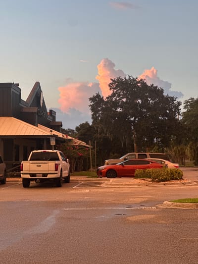 The image depicts an outdoor parking lot at dusk. A white Ford F-150 pickup truck is parked in the foreground, facing away from the camera. To the left of the truck is a dark-colored building with a peaked roof and a lighter-colored awning. Behind the building and truck, a large tree with dense foliage is visible. The sky above is a gradient of pale blue to a soft pink, illuminated by the setting sun, with dramatic, fluffy clouds catching the light. In the background, other vehicles are parked, including a red sedan. The ground is paved asphalt with painted parking lines. The environment appears to be a commercial area, possibly a restaurant or retail establishment, given the building's architecture and the presence of a handicap parking sign. The location is the city of Melbourne, United States of America.