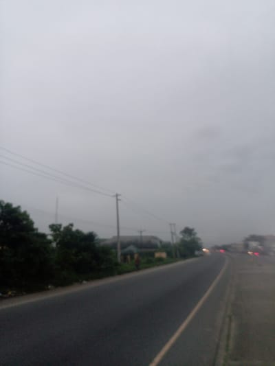An overcast sky hangs over a paved road in Alakahia, Nigeria. Trees line the left side of the road, their dark foliage contrasting with the gray sky. Power lines stretch across the frame, supported by wooden poles. In the distance, a few buildings are visible, some with sloped roofs. The road curves gently, with vehicles appearing as blurred red and white lights on the right side, suggesting traffic. The scene is devoid of any people, focusing entirely on the road and its surrounding environment under the diffused light of the cloudy day.