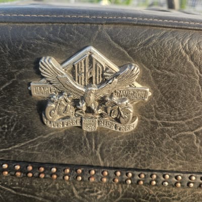 The image shows a close-up of a black leather object, likely a motorcycle saddlebag, with a metallic Harley-Davidson emblem. The emblem features an eagle with outstretched wings, two motorcycles, and the words "Harley-Davidson" and "Live To Ride, Ride To Live". The leather is textured and shows some wear. Along the bottom edge of the image, a band of small, round studs or rivets is visible, adding a decorative element. The background is blurred and appears to be outdoors, with hints of greenery and possibly a sky, suggesting it is located in Illescas, Spain, as there are no other distinguishing features that would suggest another location.