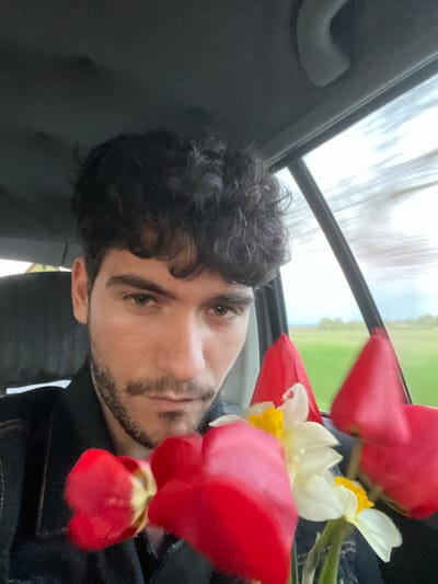 A portrait-oriented photograph features a young man with dark, curly hair and a short beard, looking directly at the camera with a neutral expression. He is positioned slightly off-center to the left. To his right, a vibrant bouquet of flowers, predominantly red tulips and white daffodils with yellow centers, is visible, partially obscuring the upper right portion of the frame.

The man appears to be inside a vehicle, evidenced by the car's dark headliner and a light-colored grab handle visible in the upper left corner. Through a window, which seems to be a sunroof or a side window looking upwards, a bright sky and a verdant green landscape, likely fields, are visible, suggesting an outdoor setting during daytime. The lighting is bright. He is wearing dark clothing, possibly a jacket or shirt.

The image captures a posed moment, possibly a selfie, featuring the man and the flowers. No visible text is present. The context provided for this image is Gorna Beshovitsa, Bulgaria.