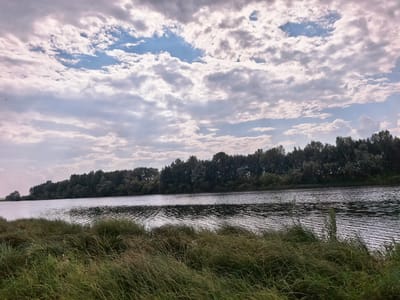 The image depicts a wide river bordered by a dense line of deciduous trees on the opposite bank. The foreground is filled with tall, windswept green grass and reeds. The sky above is partially cloudy, with patches of blue sky visible through the white and gray clouds. The water surface of the river shows ripples and reflections of the sky and trees. The overall scene is that of a natural landscape in a rural or semi-rural setting. The location is identified as the city of Kuzminovka, Russia.