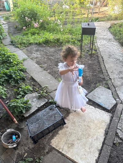 A young child, appearing to be a toddler, stands on a paved area in a garden. The child is wearing a white dress and holding a blue toy in their right hand. The child's hair is curly and light brown, and they are looking down at the toy. The ground is a mix of dirt and concrete slabs, with some greenery and plants growing around. In the background, there is a black metal stand with a square top, and a grey plastic crate lies on its side. A bucket filled with various items, including what appears to be cigarette packs and a blue bottle, is visible in the lower right corner. The scene appears to be outdoors, likely in a backyard or garden, with evidence of some disarray. The lighting suggests it is daytime, possibly late afternoon due to the shadows. The overall impression is of a child playing in a somewhat unkempt outdoor space. There is visible text on the cigarette packs in the bucket, which appears to be "KENT". The location context is Shakhty, Russia.