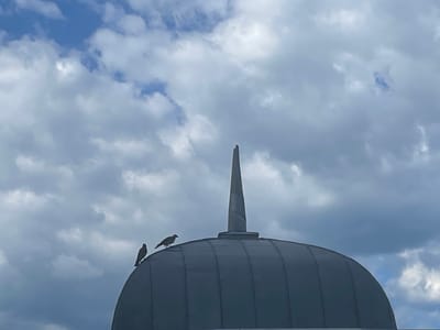 The image shows a close-up view of the domed roof of a building, likely a historical or significant structure, topped with a pointed spire. Two birds are perched on the curved surface of the dome, silhouetted against a cloudy sky with patches of blue. The dome is made of dark, segmented panels. The setting appears to be an outdoor environment with a cloudy sky. The precise location within Ливадийский поселковый совет, Ukraine, cannot be determined from the visual information alone, but the architectural style and the presence of a spire might suggest a public building or a church.