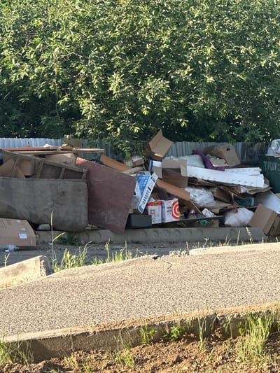 The image depicts a pile of discarded cardboard boxes, white styrofoam packaging, and other refuse. The debris is accumulated in an outdoor area, possibly a municipal dumping site or a commercial waste collection point. In the background, there is a dense green foliage of trees and a corrugated metal fence. A portion of a dark green dumpster with white lettering, partially obscured, is visible on the right side of the frame. The foreground features a concrete curb and a rough, gravelly surface. The scene suggests a location in the city of Markova, Russia, characterized by urban waste accumulation. There are no people visible in the image.