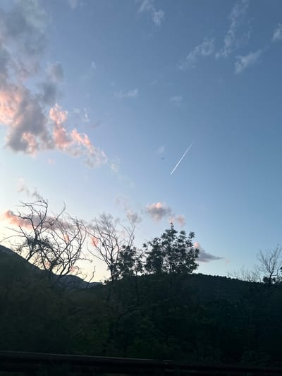 The image captures a late afternoon or early evening sky in Kresna, Bulgaria. The sky, predominantly a pale blue, is dotted with a mix of thin wispy clouds and thicker, more substantial formations tinged with pink from the setting or rising sun. A contrail from a jet aircraft stretches across the upper-middle portion of the sky. Silhouetted trees and the edge of a steep, heavily vegetated mountainside occupy the right side of the frame, contrasting sharply with the bright sky. The overall scene evokes a sense of peacefulness and natural beauty.