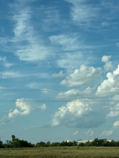 This media file depicts a vast expanse of sky with a variety of clouds, from wispy cirrus formations to larger cumulus clouds. Several thin, dark power lines run vertically through the frame, suggesting an outdoor, possibly rural or semi-rural, setting. The right side of the image shows a strip of dry, yellowed grass, indicative of a field, bordered by a line of dark green trees and some buildings in the distance. The overall impression is of a bright, clear day, likely during daylight hours, given the illumination of the clouds and the landscape. The clouds suggest fair weather. The presence of power lines and buildings implies proximity to human infrastructure, despite the natural elements dominating the scene. There is no visible text within the image. The scene evokes a sense of open space and natural beauty, possibly in the countryside of Doktorovka, Russia.