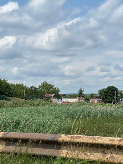 This image depicts a static rural or semi-rural landscape in Staryi Saltiv, Ukraine, under a partly cloudy sky. The foreground is dominated by a corroded, segmented metal barrier, likely a guardrail, with overgrown dry grasses immediately in front and behind it. Beyond this barrier, a dense expanse of tall, green, reedy vegetation occupies the midground, stretching horizontally across the frame.
In the background, partially obscured by the tall vegetation, a cluster of scattered residential or ancillary structures is visible. These include a building with a steep, weathered reddish-brown roof, possibly corrugated metal, and lighter-colored lower walls. To its right, a white box truck with a red cab and an extensive white cargo area, featuring faded, unreadable graphics or text on its side, is positioned amidst the vegetation and structures. Further right, another smaller, darker-roofed structure is partially visible. Tall green deciduous trees form a general treeline behind these buildings, with several prominent wooden utility poles, each carrying visible overhead lines, interrupting the treeline. The sky above is largely covered by a mix of bright white cumulus clouds and larger, more diffuse grey cloud formations, indicating an overcast or partly cloudy condition with diffused lighting. No individuals or specific actions are discernible within the scene.