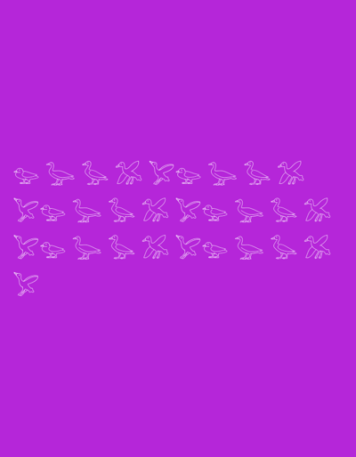 The image displays a repeating pattern of white outlined birds against a vibrant purple background. The birds are depicted in various stylized poses, some with wings outstretched, others with legs extended as if walking or taking flight. The pattern is arranged in horizontal rows towards the bottom of the frame. There is no discernible connection to the city of Lyubimets, Bulgaria, or any urban environment. The image is purely graphic and abstract, lacking any elements that would indicate a specific location, people, or actions.