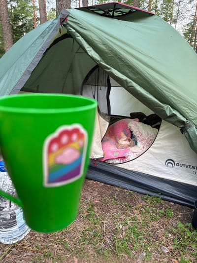 The image depicts a camping scene in the city of Tselodubovo, Russia. In the foreground, a bright green mug with a rainbow paw print sticker is prominently displayed. Behind the mug, a green tent is set up, with its entrance partially open. Inside the tent, a Sphynx cat is visible, sleeping comfortably on a pink blanket and a fluffy white pillow. The environment is outdoors, with trees and dry foliage suggesting a forest setting. A plastic water bottle is also visible next to the mug. The overall scene conveys a sense of peaceful relaxation and outdoor adventure.