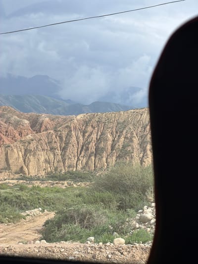 The image captures a scenic view of mountainous terrain, likely in or around Tong, Kyrgyzstan. In the foreground, a dirt road winds through a landscape dotted with green bushes and scattered rocks. The middle ground is dominated by a steep, eroded mountainside with distinct layers of reddish-brown and yellow rock formations, characterized by vertical striations and deep ravines. Sparse vegetation clings to the slopes. In the background, successive layers of mountains recede into the distance, partially obscured by a hazy, overcast sky. A dark, blurred object, possibly a person's hand or head, occupies the right side of the frame, partially obscuring the view of the sky and distant mountains. A thin, dark horizontal line, likely a wire, stretches across the upper portion of the sky.
