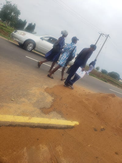 The image depicts a group of individuals on a paved road with a dirt embankment on the right side. In the background, a silver sedan is parked on the road. A utility pole with overhead wires stands to the right of the group. The sky is overcast. The people appear to be walking or standing near the road. The overall scene suggests an outdoor setting in Gumel, Nigeria.