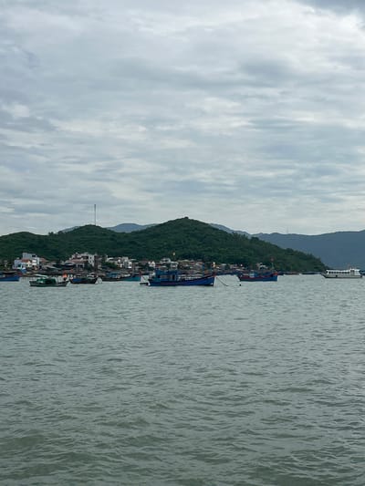 The image depicts a coastal scene in Ninh Ích, Vietnam, under a cloudy sky. The foreground is dominated by the choppy grey surface of the ocean. In the mid-ground, a fleet of fishing boats of varying sizes and colors are anchored or gently moving on the water. Several of these boats are painted in shades of blue, with some featuring red and yellow flags. A larger white passenger boat with multiple windows is visible on the far right.
The background features a densely vegetated, hilly coastline. Along the base of the hills, a town is nestled, characterized by a collection of buildings with white and red roofs, interspersed with darker structures. Some buildings appear to be multi-story residences or businesses. A prominent cell tower stands tall on one of the hills overlooking the town. The overall atmosphere is serene and maritime, indicative of a working fishing village or coastal town.