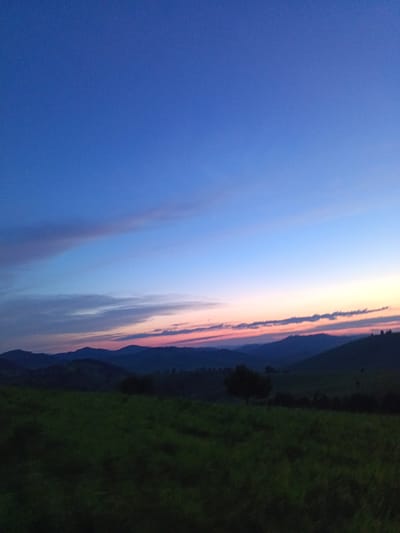 The image captures a rural landscape at dusk in Sadovyi, Russia. The sky transitions from a deep blue overhead to lighter shades of blue and hints of pink and orange near the horizon, indicating the sunset. Wispy clouds are visible, elongated and streaked across the sky. In the foreground, a dark green, uncultivated field occupies the lower half of the frame. Beyond the field, silhouetted against the twilight sky, are rolling hills and mountains. A few dark, indistinct trees are scattered across the landscape, and one prominent, solitary tree stands in the mid-ground to the right of center. The overall impression is one of natural tranquility and the end of the day. There are no people or animals visible in the scene.