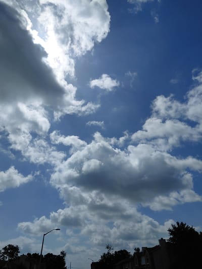 This is a vertical, eye-level shot of a bright blue sky filled with numerous white and gray clouds, taken in Nicholasville, Kentucky, United States of America. The sun is visible in the upper left quadrant, partially obscured by a large, dark cloud. In the lower portion of the frame, silhouetted against the sky, are the tops of trees and the roofs of several houses. A single street light on a dark pole stands prominently in the lower left, and another appears in the far lower right. The image captures a daytime scene with a mix of sunlight and cloud cover.