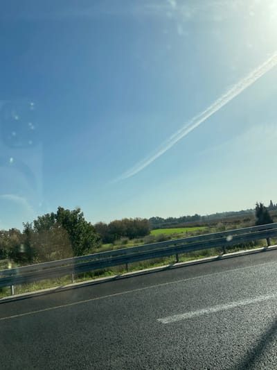 The image displays an outdoor scene from a moving vehicle in Kfar Shmaryahu, Israel, under clear, sunny conditions. The foreground consists of a dark asphalt road featuring a faded yellow centerline and a partial white dashed line on the right. A two-tier metal guardrail, approximately waist-high, runs parallel to the road, delineating the roadside from the adjacent terrain.

Beyond the guardrail, a strip of uncultivated land with sparse green vegetation and scattered shrubs extends to a vibrant green agricultural field. Further in the distance, a line of trees and what appear to be low-rise structures are visible on the horizon. The upper two-thirds of the image are dominated by a clear, light blue sky. A prominent white contrail, presumably from an aircraft, extends diagonally from the upper right toward the lower left. A strong sun glare is present in the upper right quadrant, indicating the sun's position. Reflections, including what resembles a smartphone camera module, are visible in the upper left portion of the image, consistent with a photograph taken through glass. No individuals or specific human actions are discernible within the primary landscape.