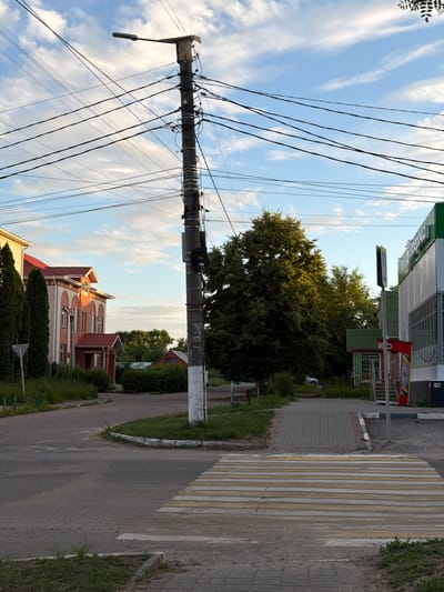 This is an outdoor, eye-level shot of a crosswalk in Semiluki, Russia. In the foreground, a pedestrian crossing with yellow and white stripes is visible. The street is paved, and there is grass and sidewalk on either side. To the left, a two-story building with a red roof and brick facade is partially visible. Behind it, dense green trees and bushes are present. In the center of the frame, a large, old tree with lush green foliage stands out. To the right, a modern building with a green facade and large windows is present, featuring signage that appears to be in Cyrillic script. A utility pole with numerous overhead wires and a streetlamp is a dominant element in the midground. The sky is a mix of blue with scattered white clouds, suggesting daytime. No people are visible in the image. The scene depicts a typical urban street corner with residential and commercial elements, a prominent utility pole, and a pedestrian crossing.